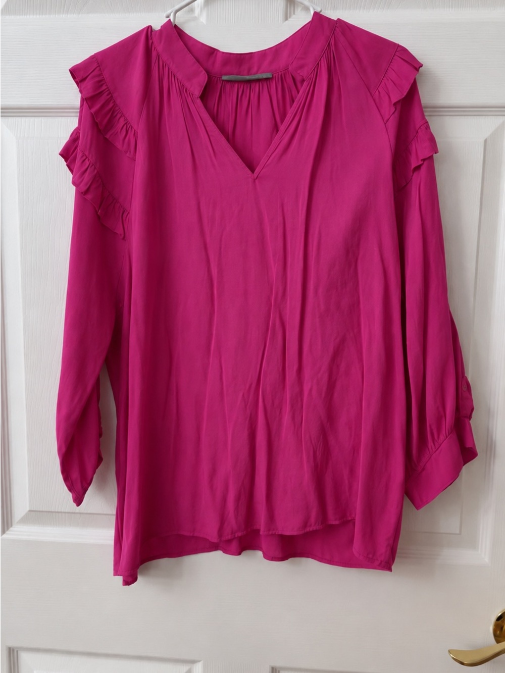Women's V-Neck Ruffle-Shoulder Blouse in Fuchsia